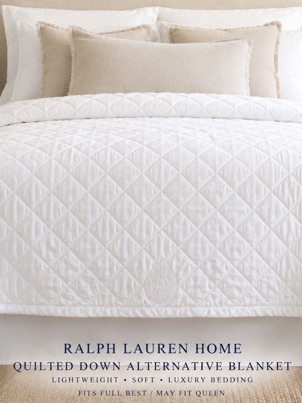 Ralph Lauren Home White Quilted Down Alternative Blanket Full Crest